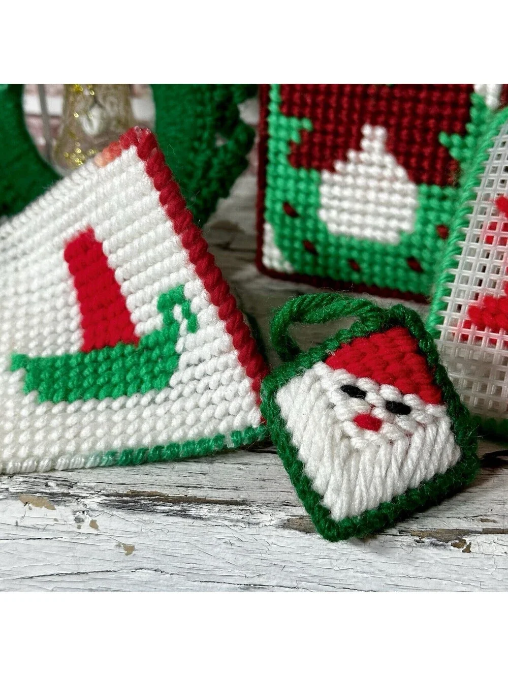 Vintage Lot 21 Plastic Canvas & Crocheted Christmas Ornaments & Poinsettia Decor